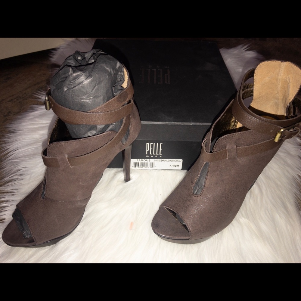 New brown leather peep-toe heels.